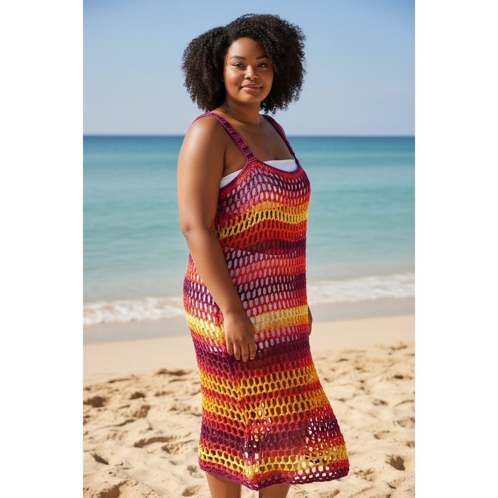 Sunset Ombre Crochet Dress Sleeveless Open Weave Boho Beach CoverUp, Grandmacore